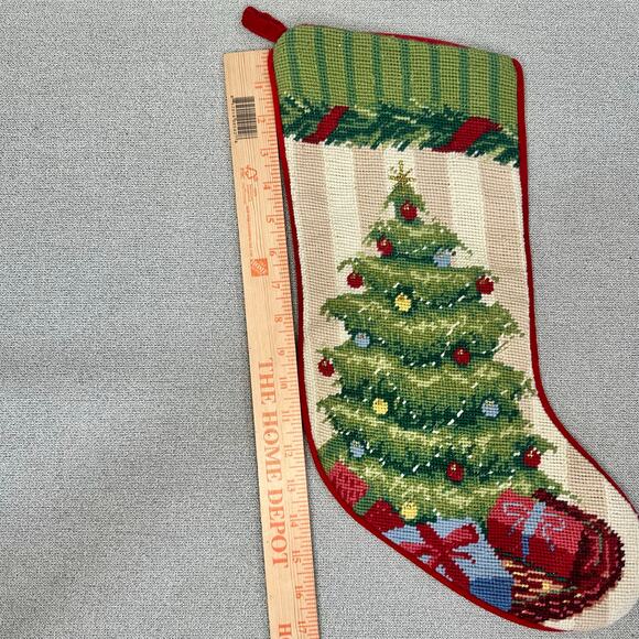 Lands’ End Needlepoint Christmas Stocking Wool Holiday Tree Red Velvet 18” - Picture 10 of 13